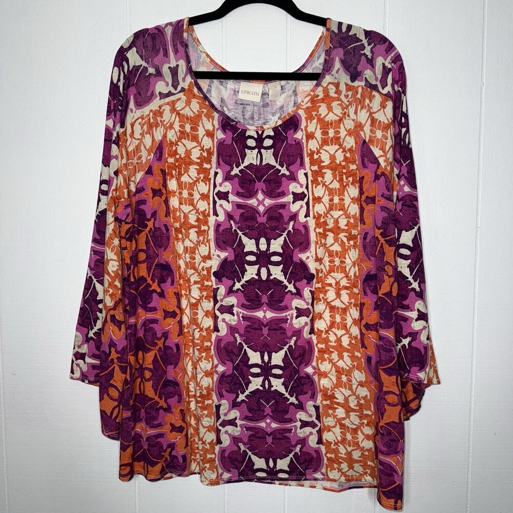 Chico’s Women’s Mystic Batik Flare Sleeve Top Orange Boho Size 3 XL